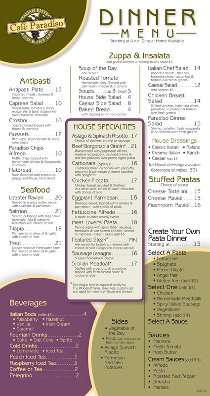 Cafe Paradiso Dinner and Carryout Menu
