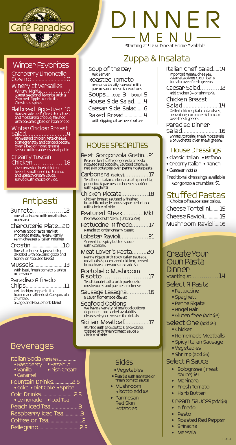 Cafe Paradiso Dinner and Carryout Menu